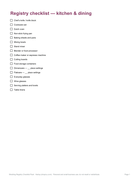 Preview of the first page of Kitchen & dining checklist