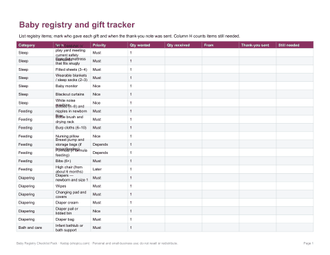 Preview of the first page of Gift tracker (XLSX)