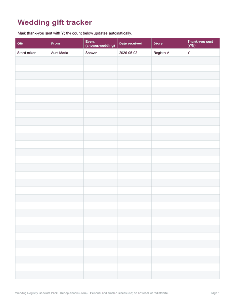 Preview of the first page of Gift tracker (XLSX)