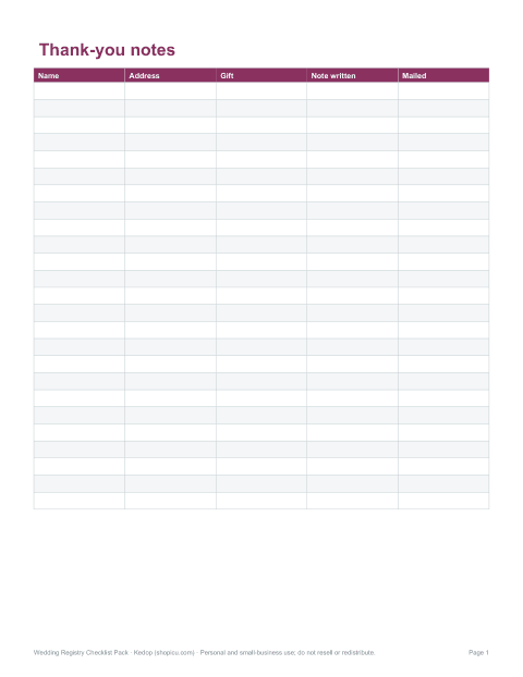 Preview of the first page of Thank-you note log