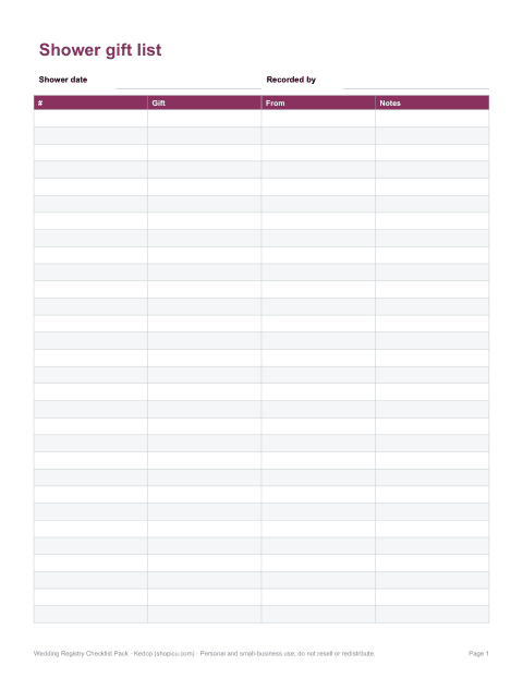 Preview of the first page of Shower gift list