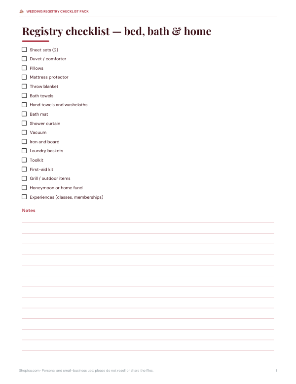 Preview of Printable Wedding Registry Checklist