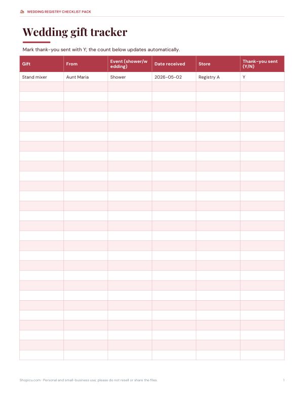 Preview of Printable Wedding Gift Tracker