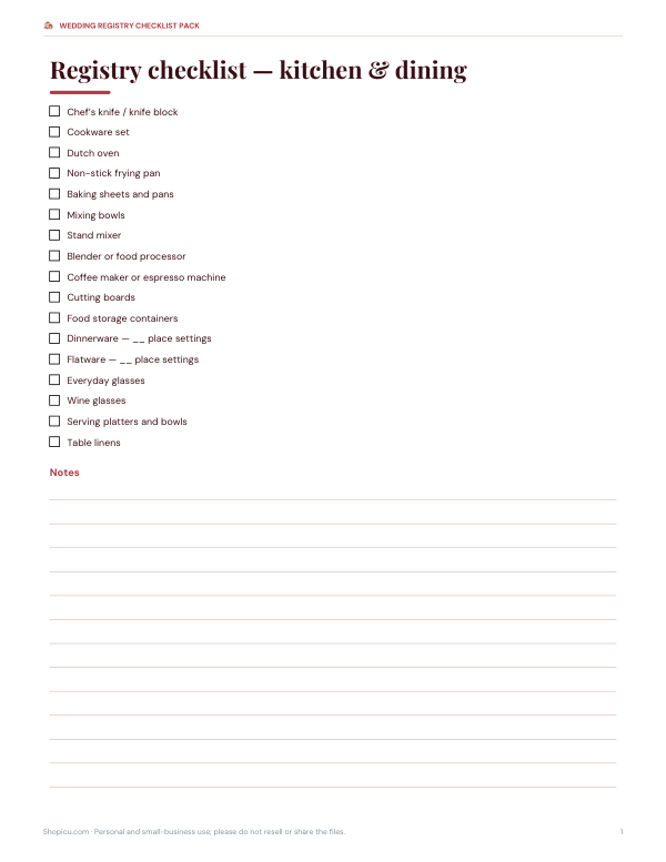 Preview of Printable Kitchen and Dining Registry Checklist