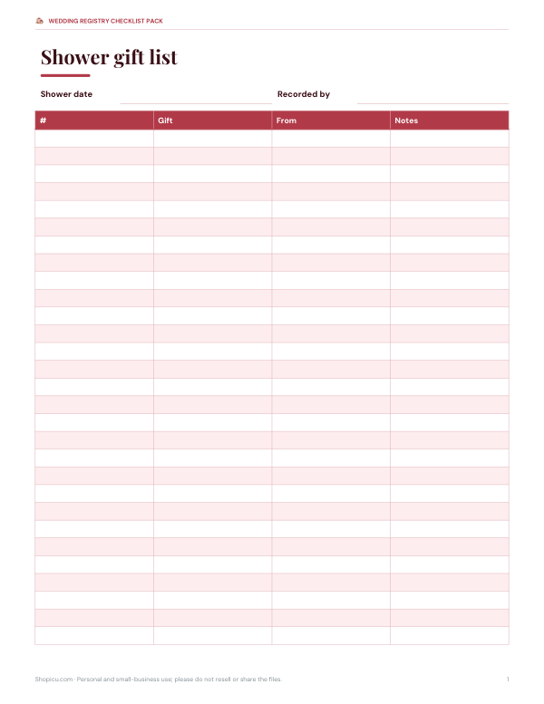 Preview of Printable Shower Gift List