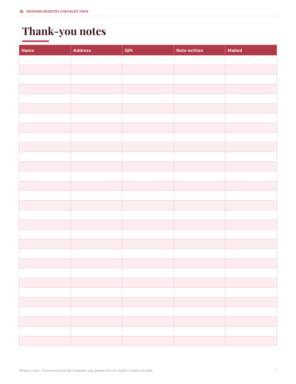 Preview of Printable Wedding Thank-You Note Log